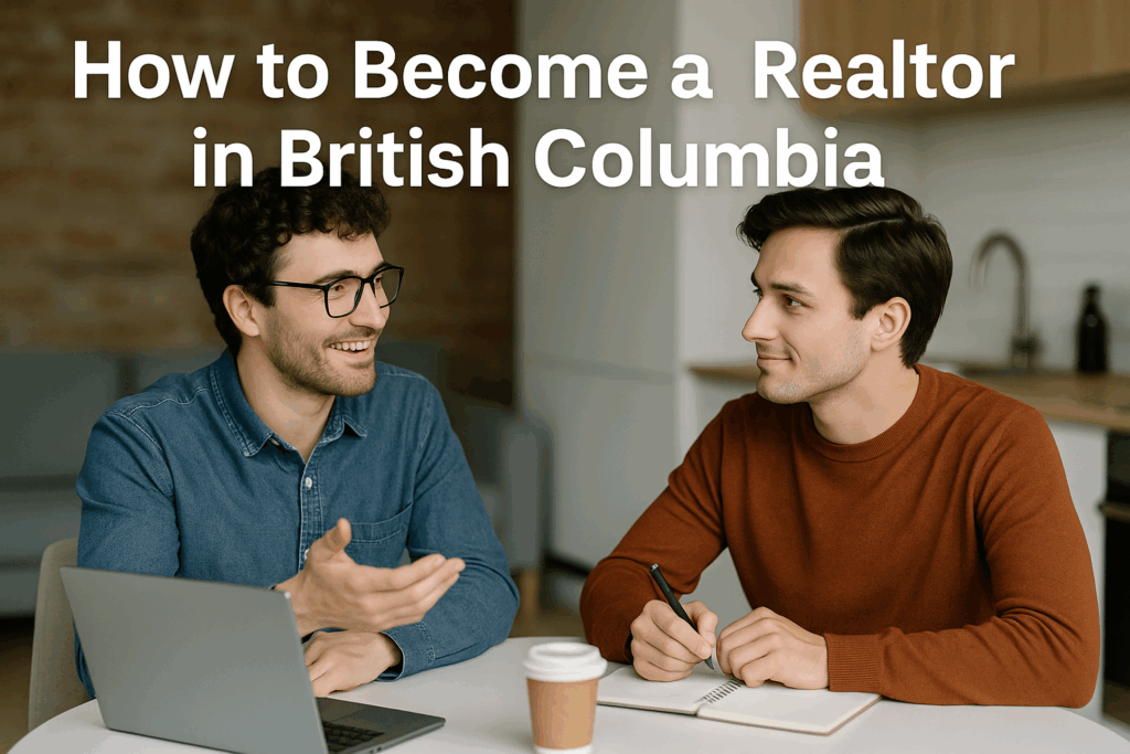 Two young men sitting at a kitchen table having a friendly conversation. One is explaining something with a smile and hand gesture, while the other listens attentively and takes notes. A laptop and coffee cup are on the table, and large text above reads, "How to Become a Realtor in British Columbia."