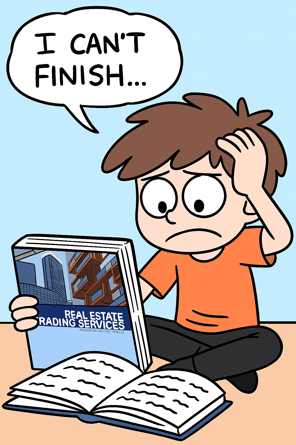Cartoon of a frustrated student sitting cross-legged on the floor, holding a thick textbook titled "Real Estate Trading Services" with a worried expression. Another open textbook is in front of them. A speech bubble says "I CAN'T FINISH..." This image represents how overwhelming and confusing the UBC real estate exam material can feel without the right study support. Created for Realty Academy to highlight the need for a simpler and more structured way to prepare.